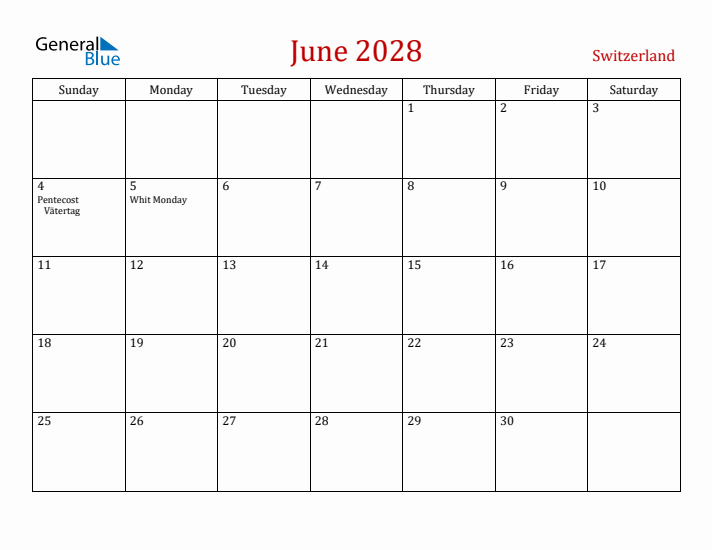 Switzerland June 2028 Calendar - Sunday Start