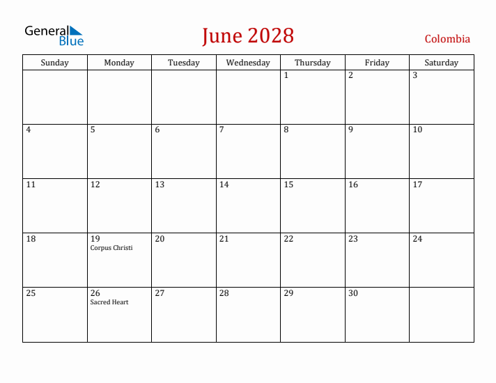 Colombia June 2028 Calendar - Sunday Start