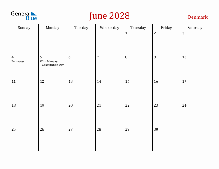 Denmark June 2028 Calendar - Sunday Start