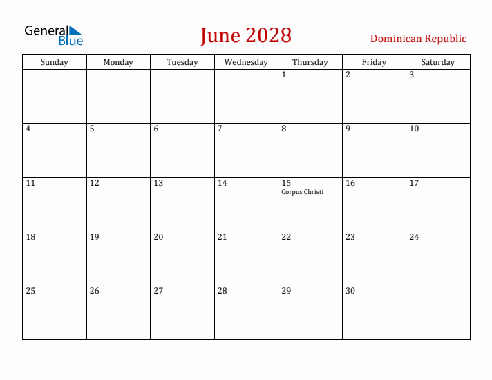 Dominican Republic June 2028 Calendar - Sunday Start
