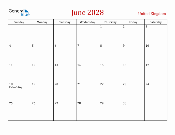 United Kingdom June 2028 Calendar - Sunday Start