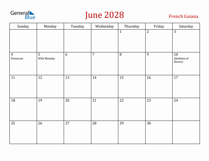 French Guiana June 2028 Calendar - Sunday Start