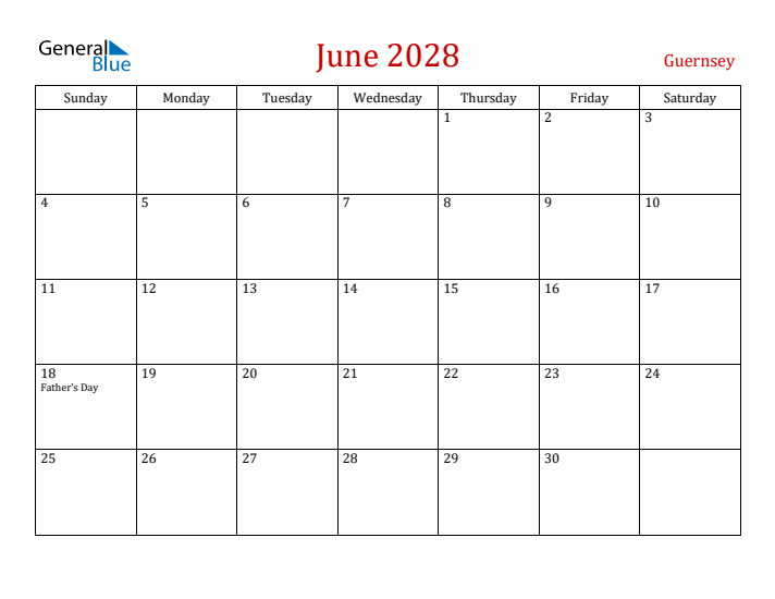 Guernsey June 2028 Calendar - Sunday Start