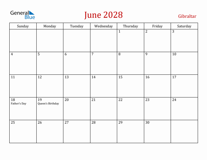 Gibraltar June 2028 Calendar - Sunday Start