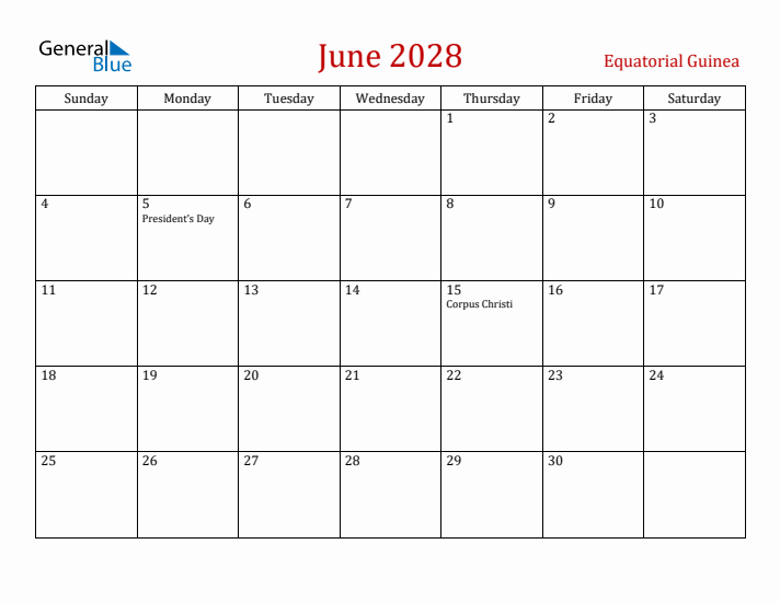 Equatorial Guinea June 2028 Calendar - Sunday Start