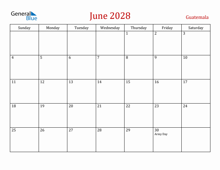 Guatemala June 2028 Calendar - Sunday Start