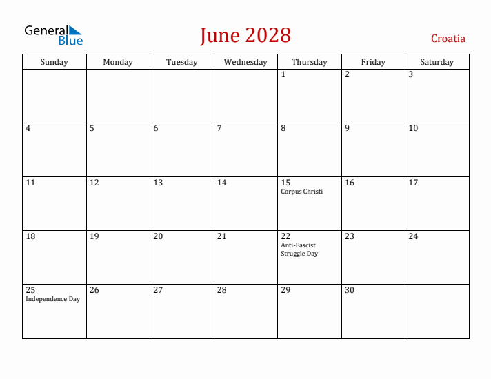 Croatia June 2028 Calendar - Sunday Start