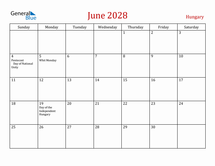 Hungary June 2028 Calendar - Sunday Start