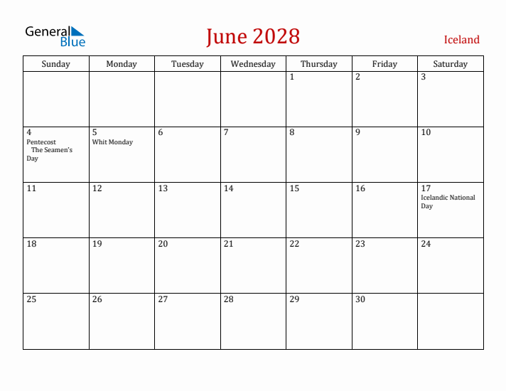 Iceland June 2028 Calendar - Sunday Start