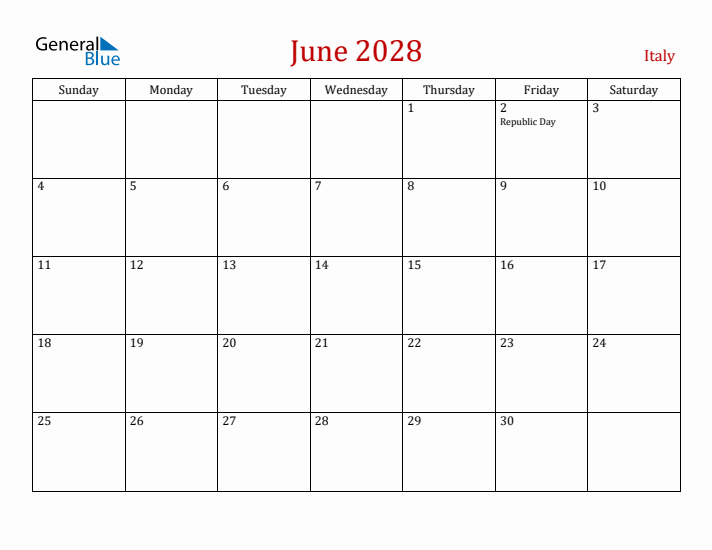 Italy June 2028 Calendar - Sunday Start