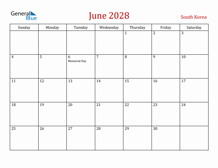 South Korea June 2028 Calendar - Sunday Start