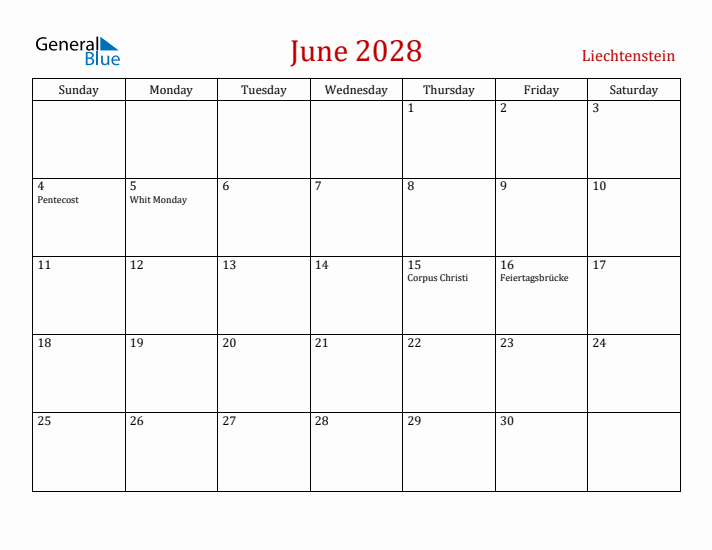 Liechtenstein June 2028 Calendar - Sunday Start
