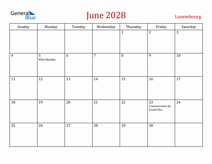 Luxembourg June 2028 Calendar - Sunday Start