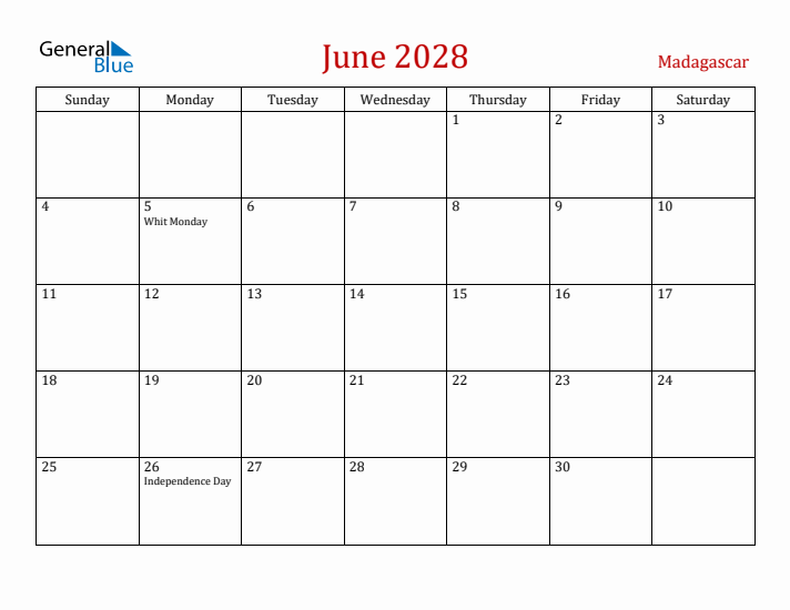 Madagascar June 2028 Calendar - Sunday Start