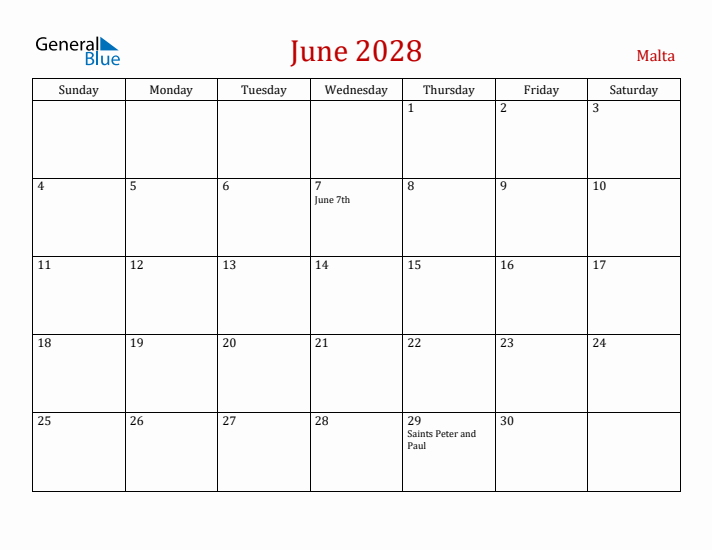 Malta June 2028 Calendar - Sunday Start