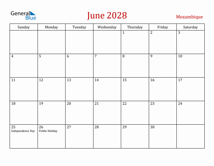 Mozambique June 2028 Calendar - Sunday Start