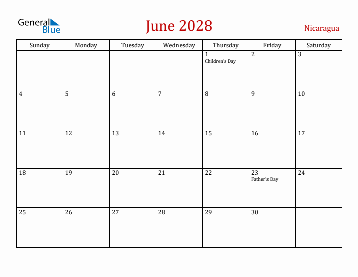 Nicaragua June 2028 Calendar - Sunday Start