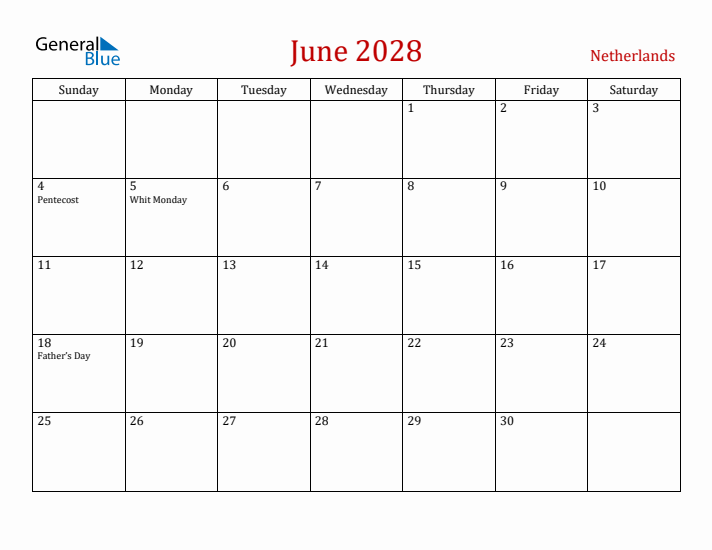 The Netherlands June 2028 Calendar - Sunday Start