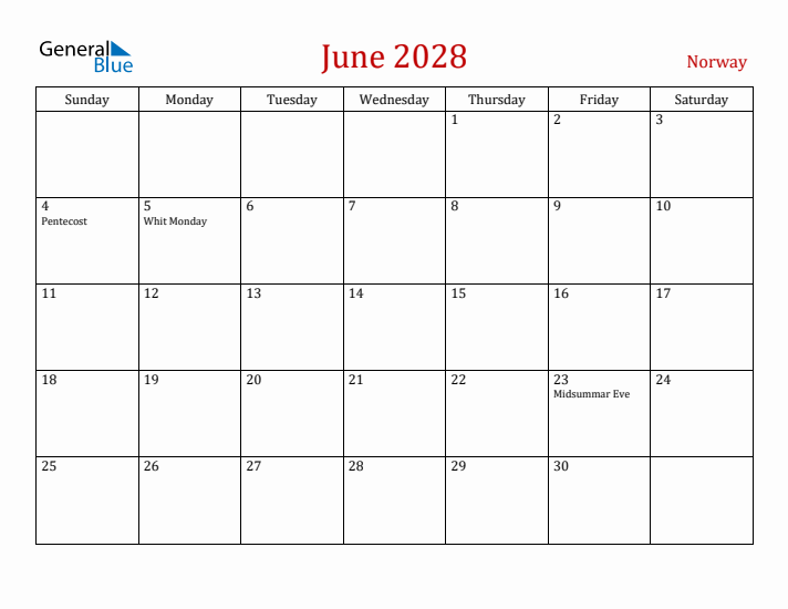 Norway June 2028 Calendar - Sunday Start