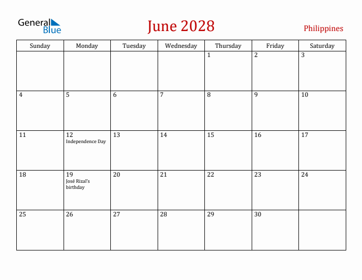 Philippines June 2028 Calendar - Sunday Start