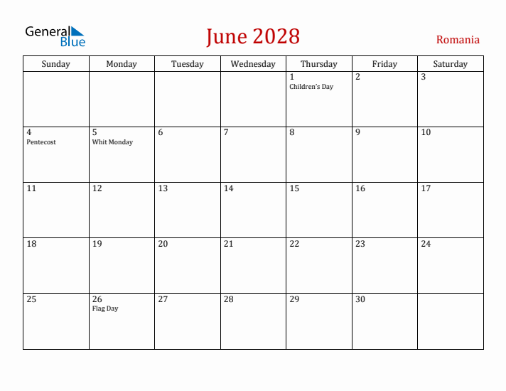 Romania June 2028 Calendar - Sunday Start