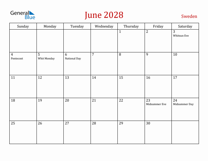 Sweden June 2028 Calendar - Sunday Start