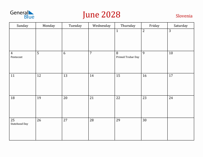 Slovenia June 2028 Calendar - Sunday Start
