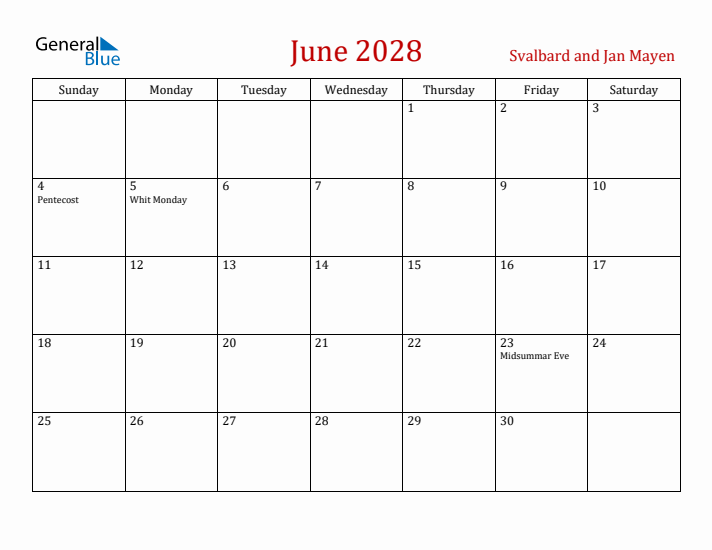 Svalbard and Jan Mayen June 2028 Calendar - Sunday Start