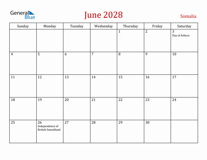 Somalia June 2028 Calendar - Sunday Start