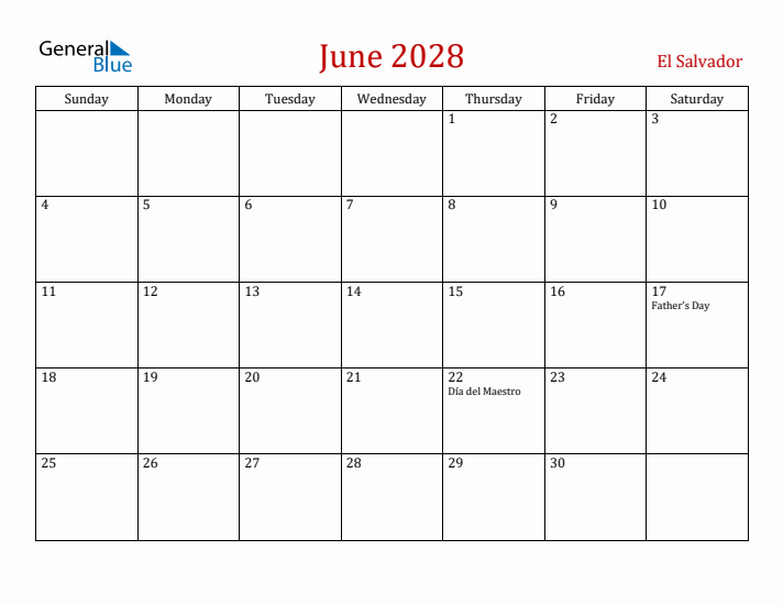 El Salvador June 2028 Calendar - Sunday Start