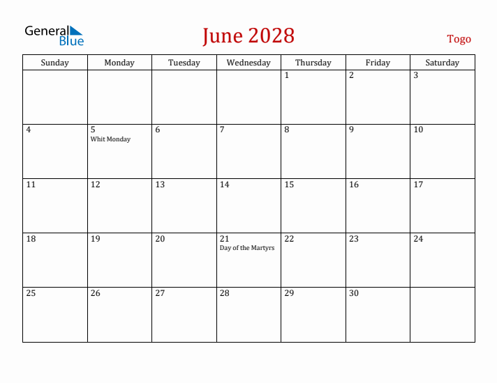 Togo June 2028 Calendar - Sunday Start