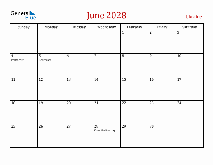 Ukraine June 2028 Calendar - Sunday Start