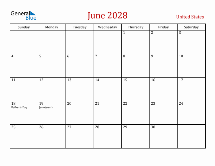 United States June 2028 Calendar - Sunday Start