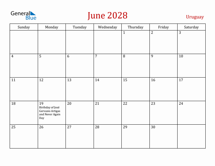 Uruguay June 2028 Calendar - Sunday Start