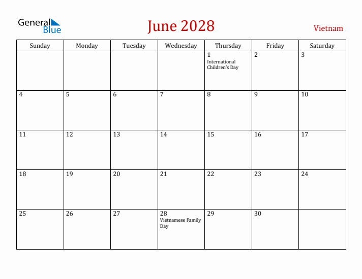 Vietnam June 2028 Calendar - Sunday Start