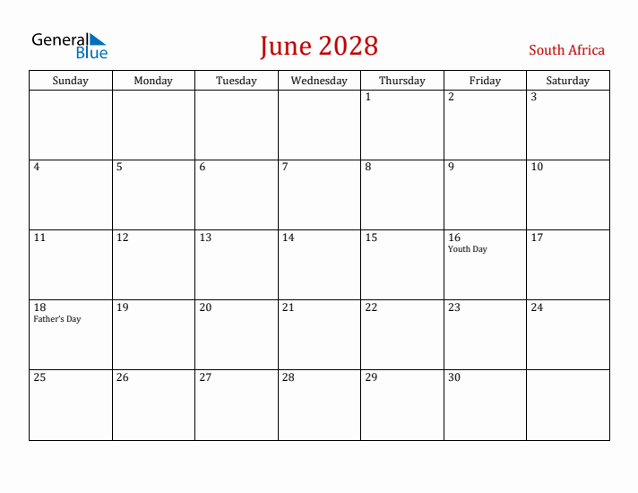 South Africa June 2028 Calendar - Sunday Start