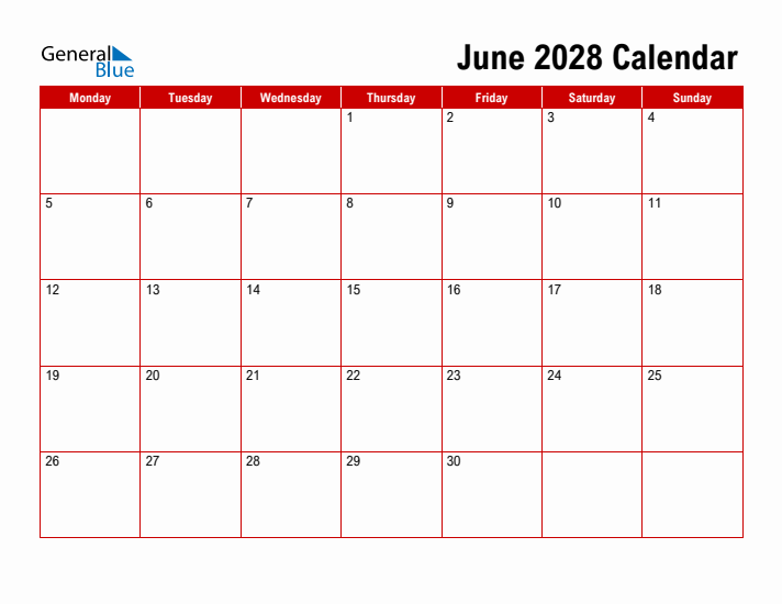 Simple Monthly Calendar - June 2028