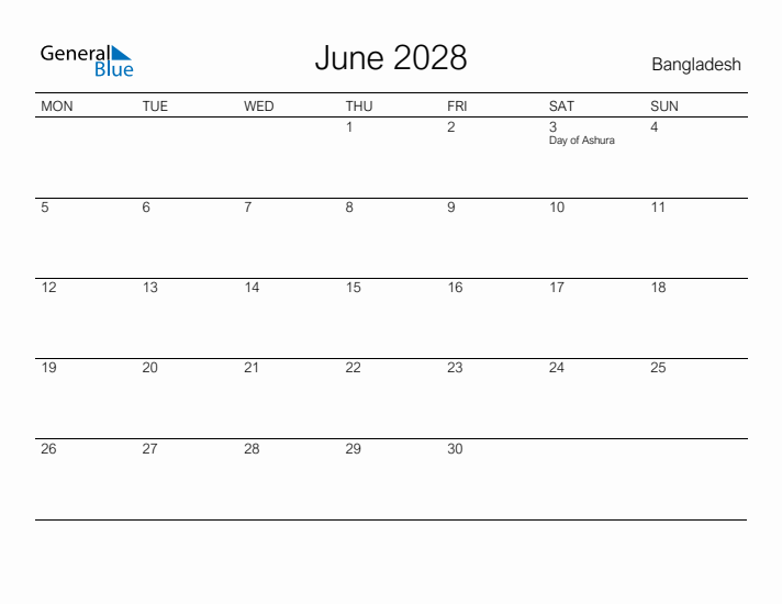 Printable June 2028 Calendar for Bangladesh