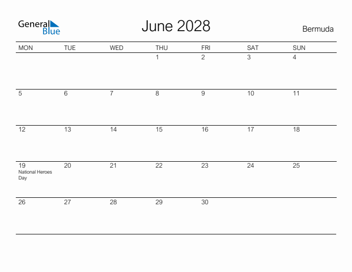Printable June 2028 Calendar for Bermuda