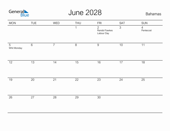 Printable June 2028 Calendar for Bahamas