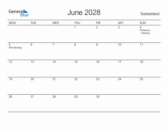 Printable June 2028 Calendar for Switzerland
