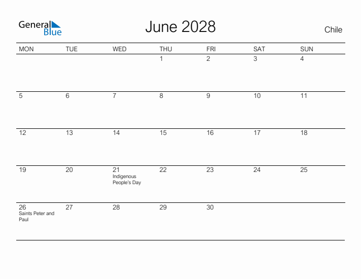 Printable June 2028 Calendar for Chile