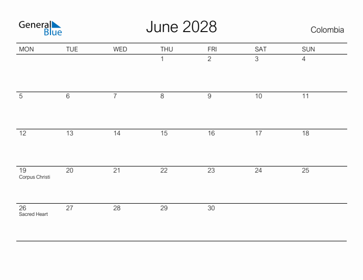 Printable June 2028 Calendar for Colombia