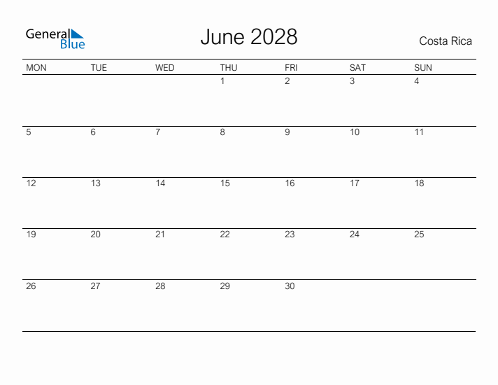 Printable June 2028 Calendar for Costa Rica