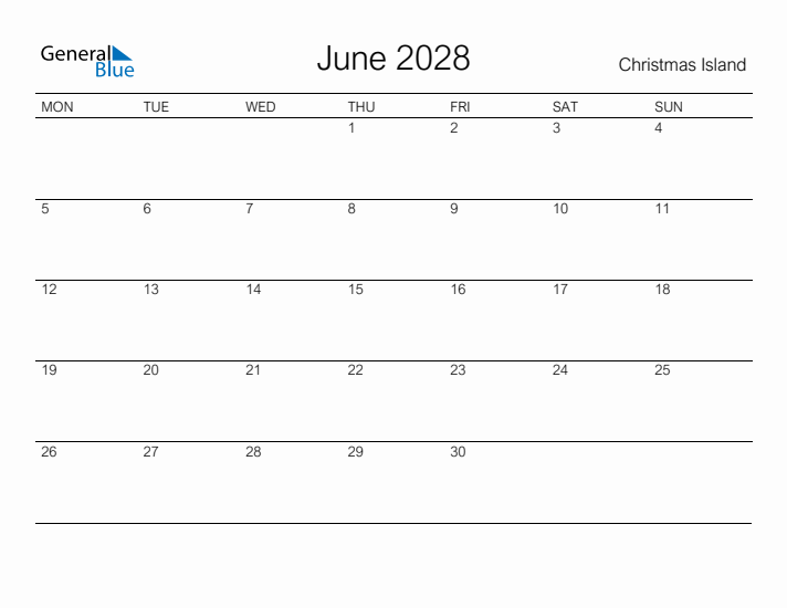 Printable June 2028 Calendar for Christmas Island