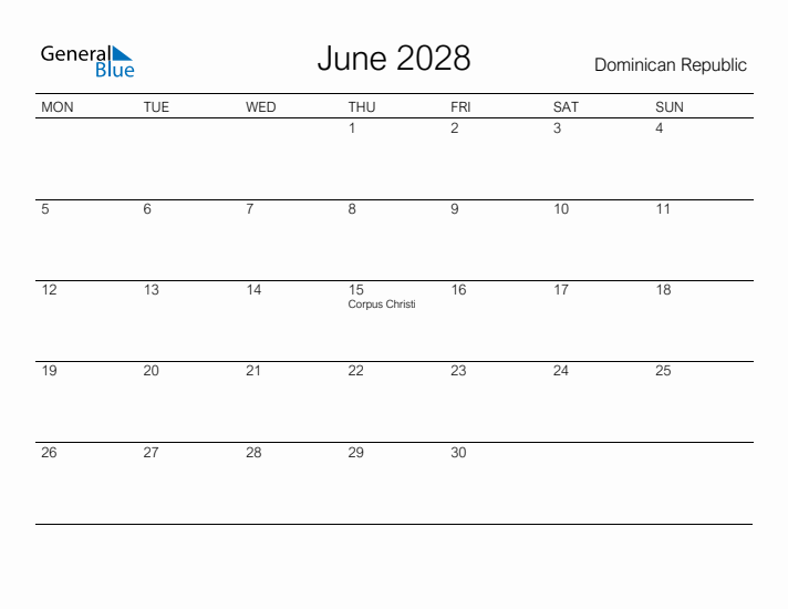 Printable June 2028 Calendar for Dominican Republic