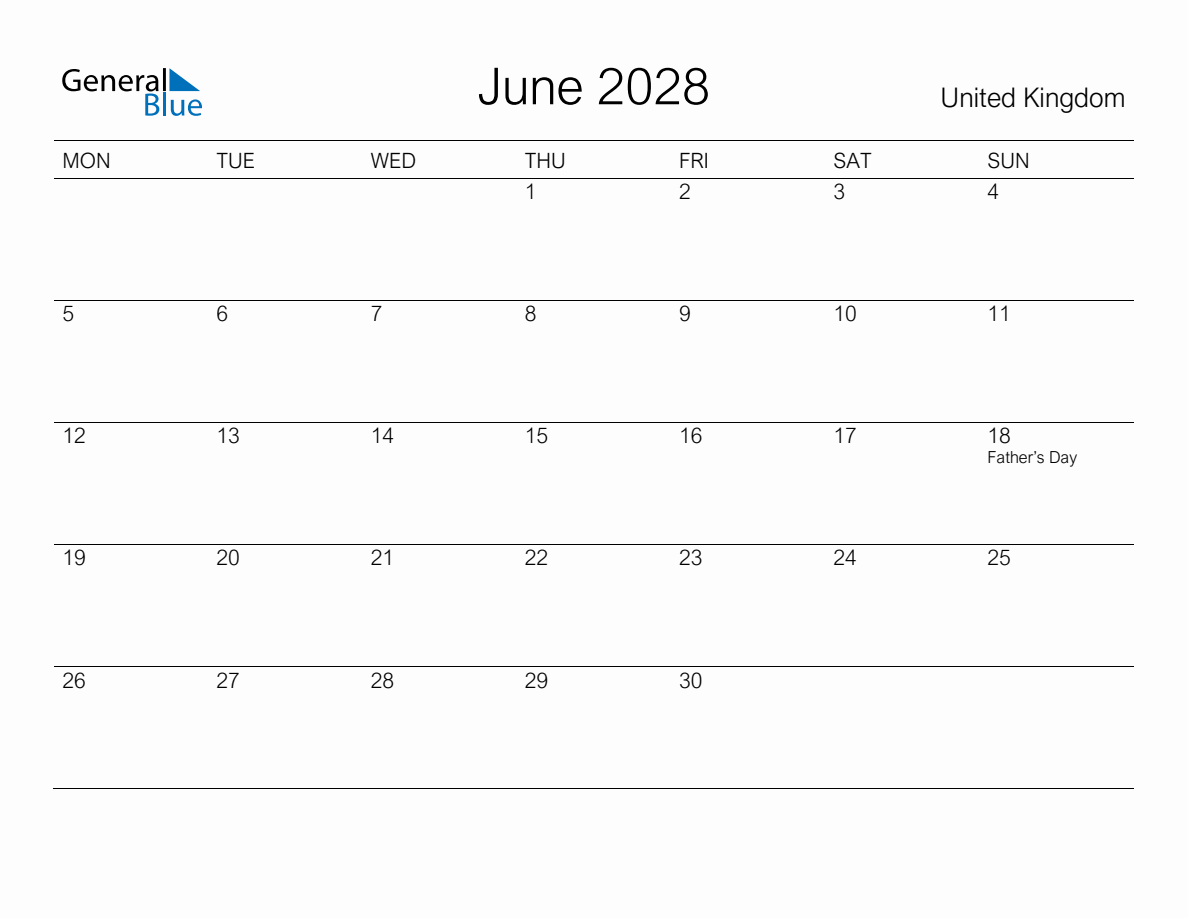 Printable June 2028 Monthly Calendar With Holidays For United Kingdom