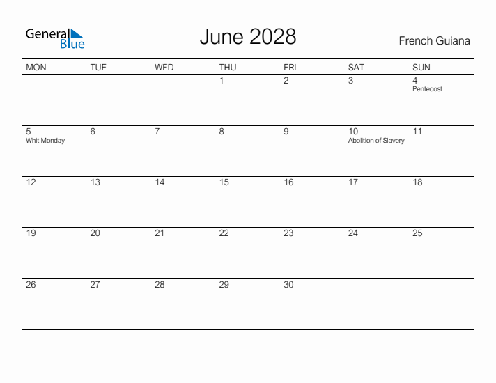 Printable June 2028 Calendar for French Guiana