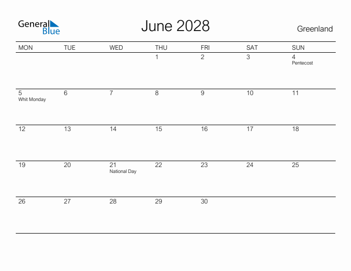 Printable June 2028 Calendar for Greenland