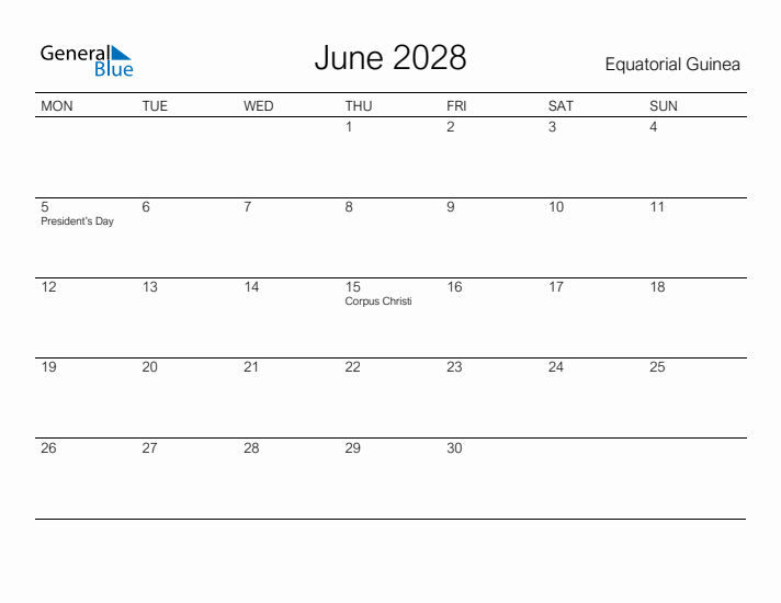 Printable June 2028 Calendar for Equatorial Guinea